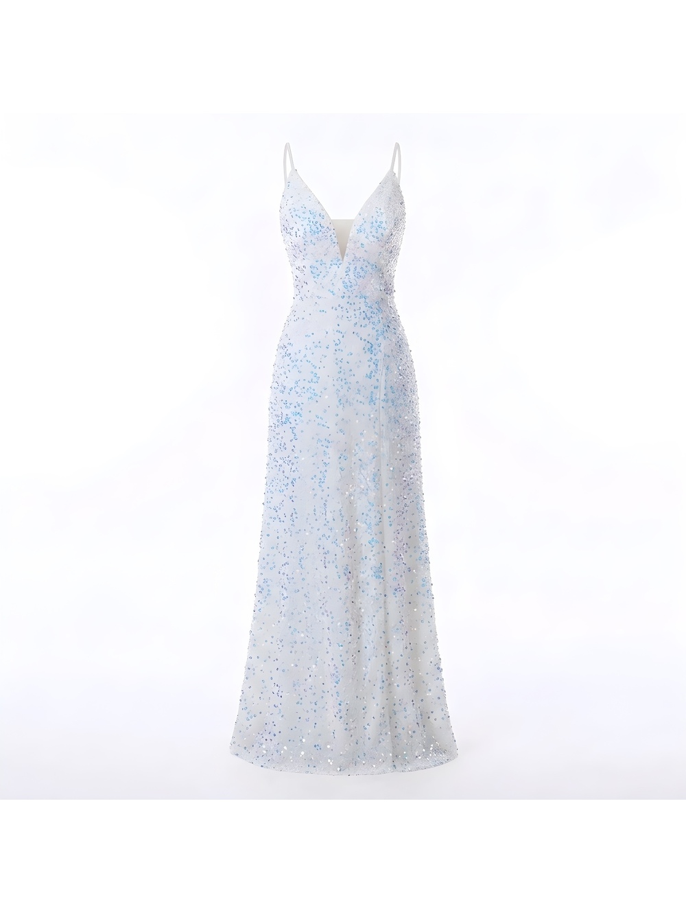 White Sequin Embellished Formal Evening Dress with Spaghetti Straps